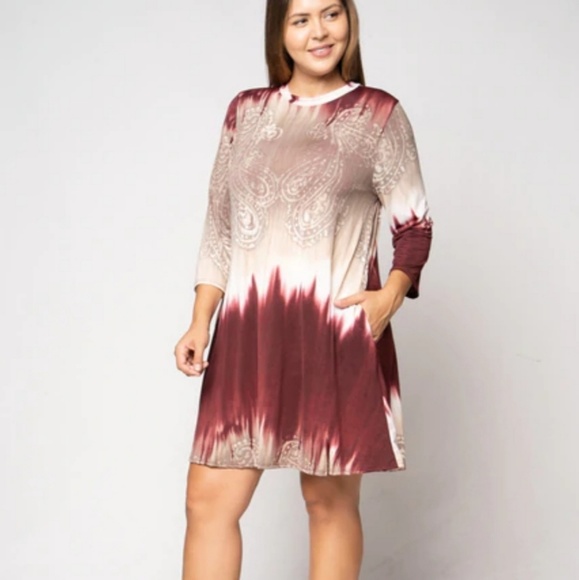 Plus size wine beige tie dye dress with pockets - Picture 3 of 5